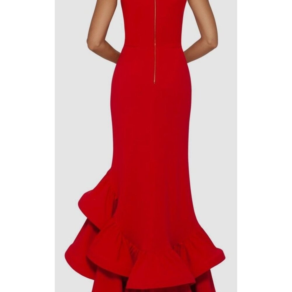 Betsy & Adam Red Halter High-Low Gown With Ruffle Detail Size 12 Made In USA - Picture 3 of 9
